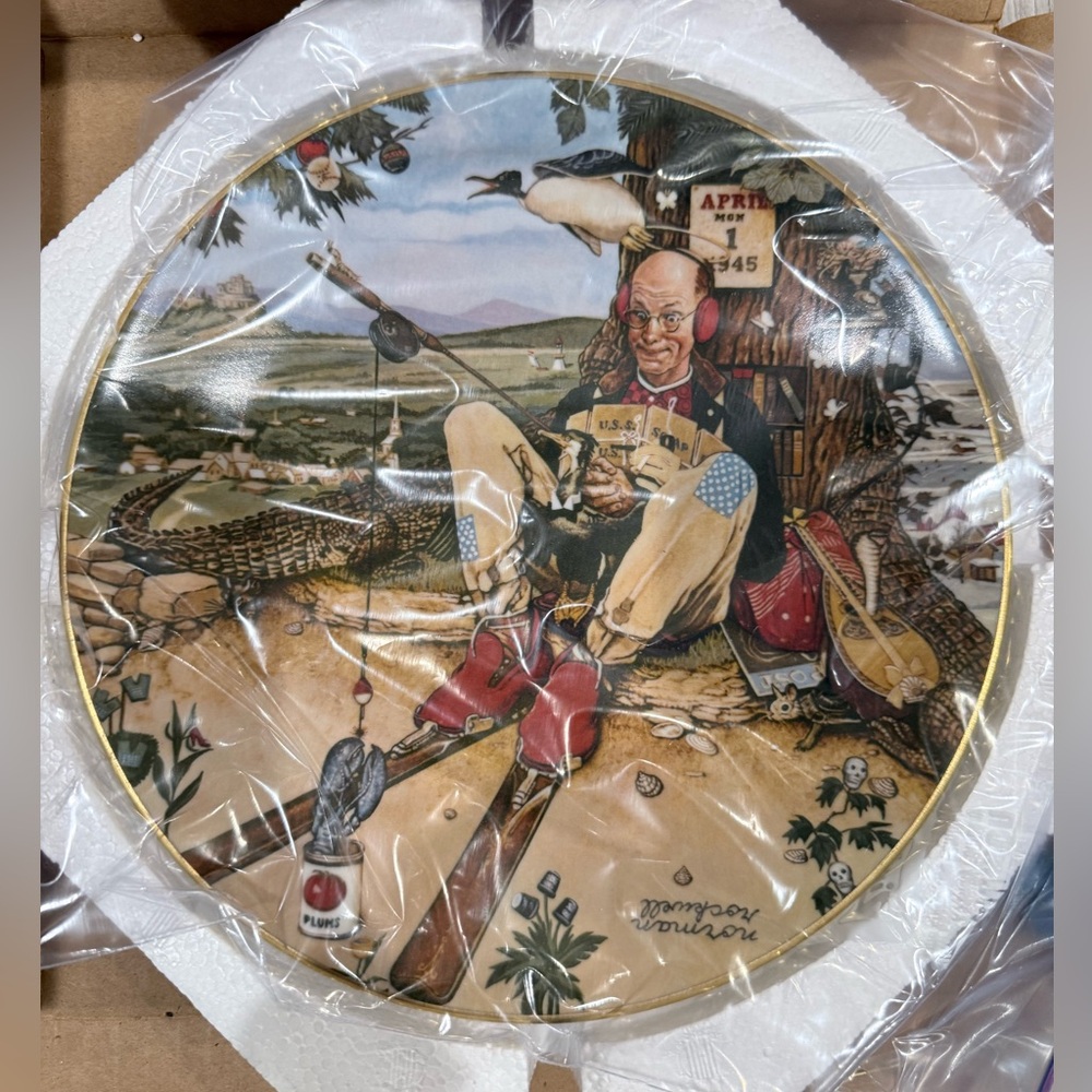 Norman Rockwell Ceramic Plate with Red and Blue Accents